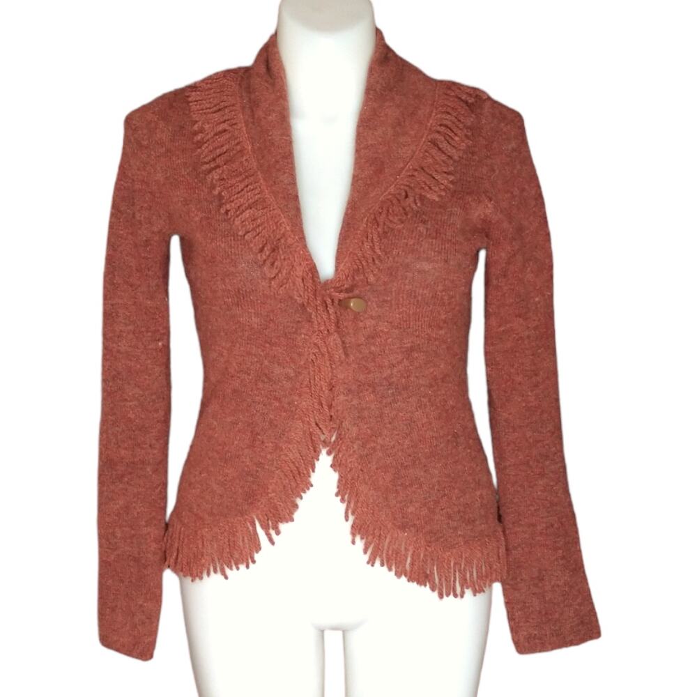 Vtg Susan Bristol Orange Wool Blend Knit Fringe Cardigan Sweater Jacket Medium